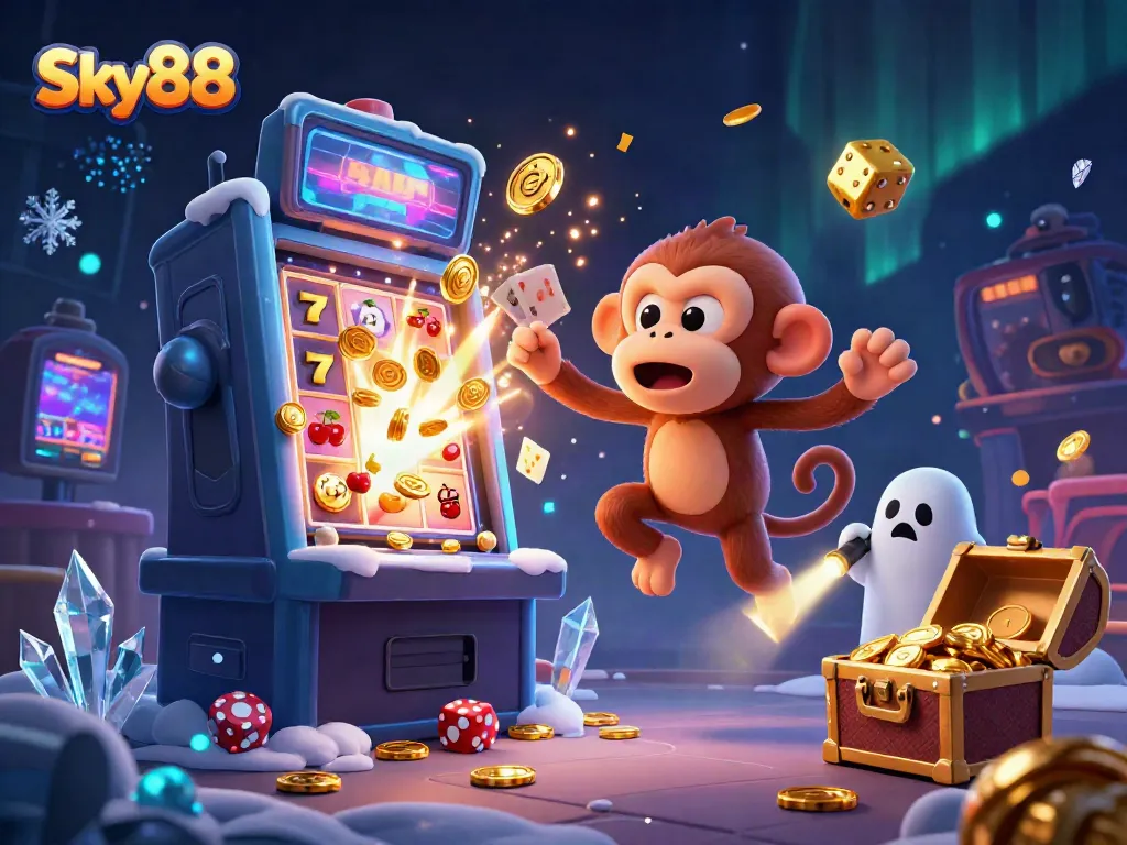 Engage with the thrilling action of Sky88's haunted casino featuring a mischievous monkey and a ghost-hunter puppy.