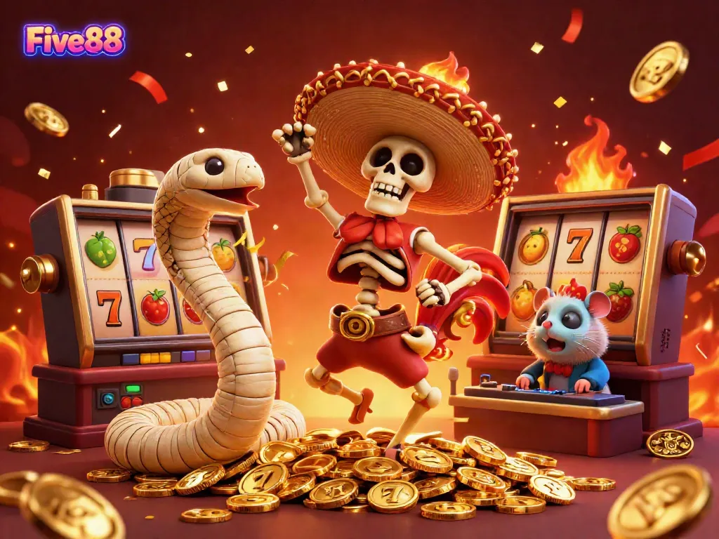 Engage in vibrant gaming at Five88 with a festive 3D casino scene featuring a lively mariachi rooster and exciting game elements.