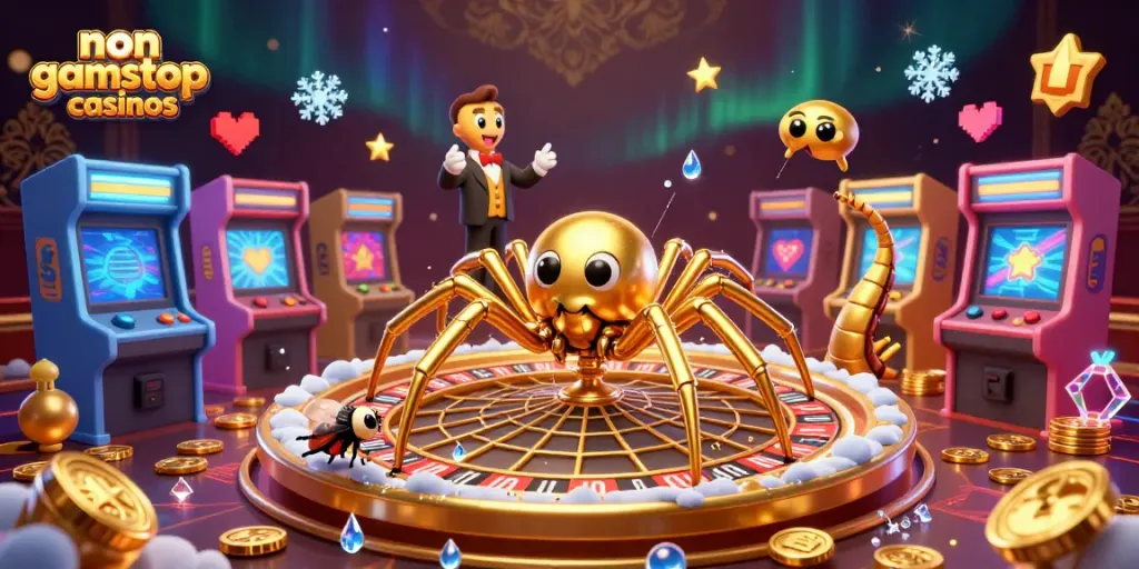 Engage at non gamstop casinos with animated characters in a vibrant, casino-themed scene.