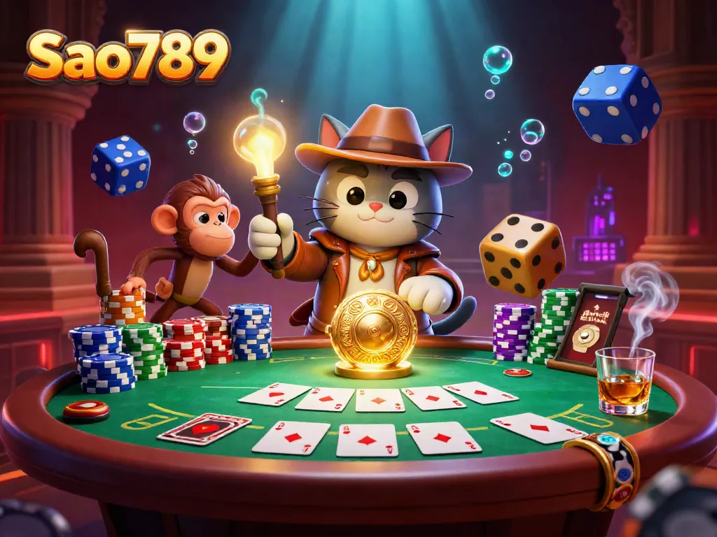 Sao789 offers an exciting archeological adventure with an explorer cat and monkey, discovering casino treasures.
