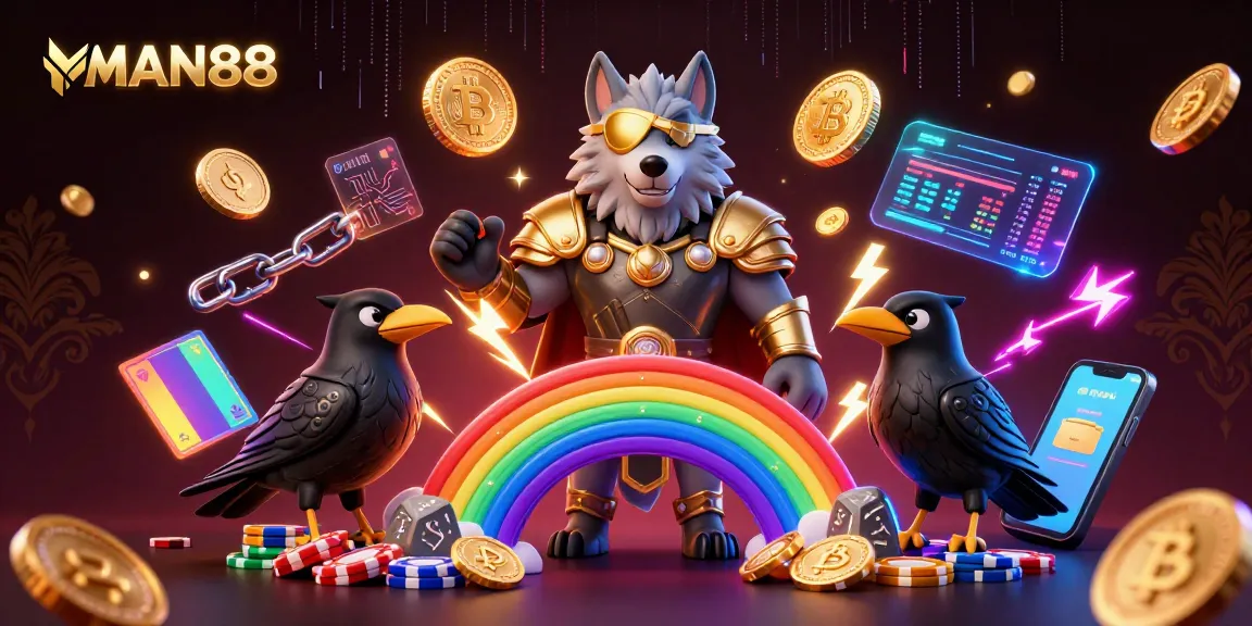 Experience thrilling wins at MAN88 with a vibrant 3D digital casino illustration showcasing gaming elements.