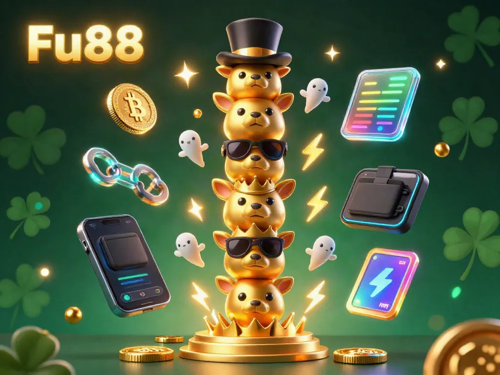 Engage with the Fu88 casino experience through vibrant, animated digital illustrations showcasing a golden totem and crypto elements.