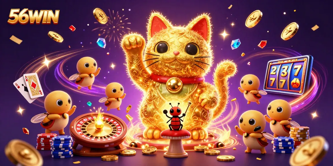 Experience lucky moments with 56WIN's festive casino cat illustration surrounded by vibrant gaming elements.