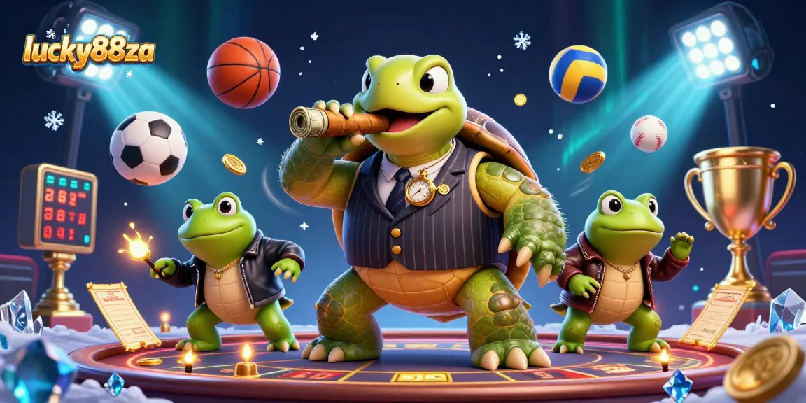Engage with lucky88za's thrilling betting action amid dynamic sports elements and cartoon characters.