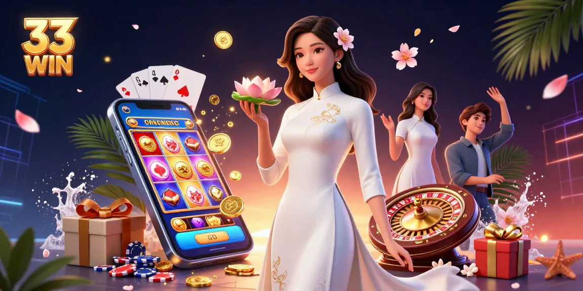 Experience 33 WIN with this vibrant 3D casino illustration showcasing dynamic gaming elements.