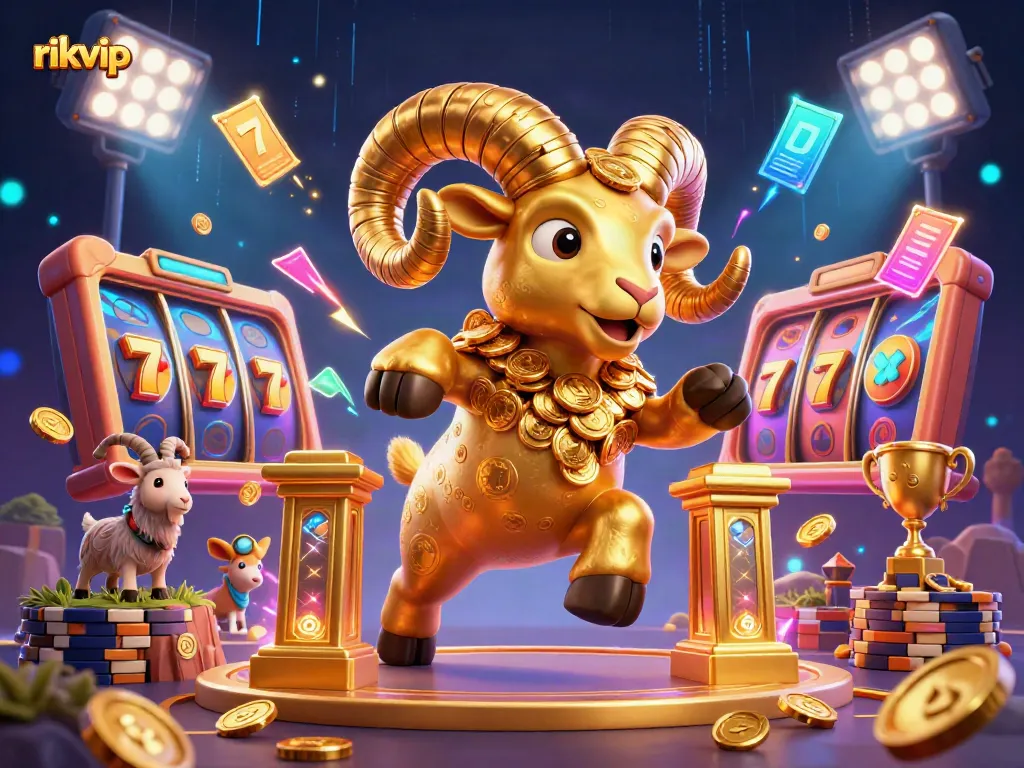 Experience thrilling gameplay at rikvip with vibrant 3D golden ram charging through a jackpot slot scene.