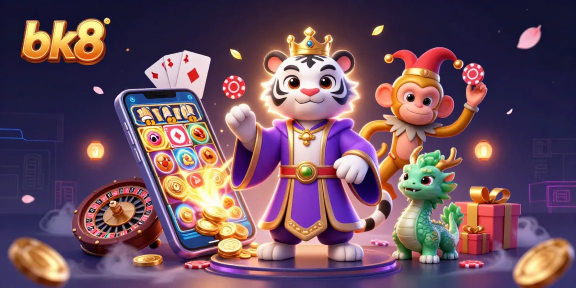 Experience the thrilling world of bk8 with a lively scene featuring a white tiger, golden monkey, and jade dragon amidst dynamic casino elements.