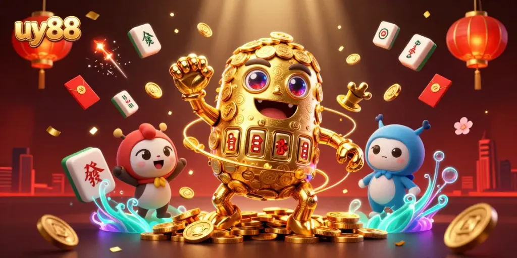 Gamble with uy88's golden golem amidst floating casino elements and vibrant colors.