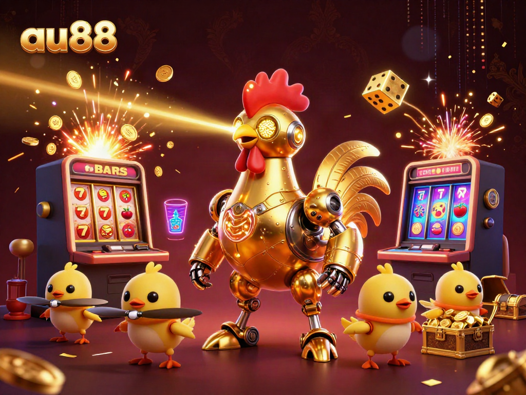 Experience the thrill of au88 with a futuristic golden rooster robot leading an exciting jackpot casino scene.