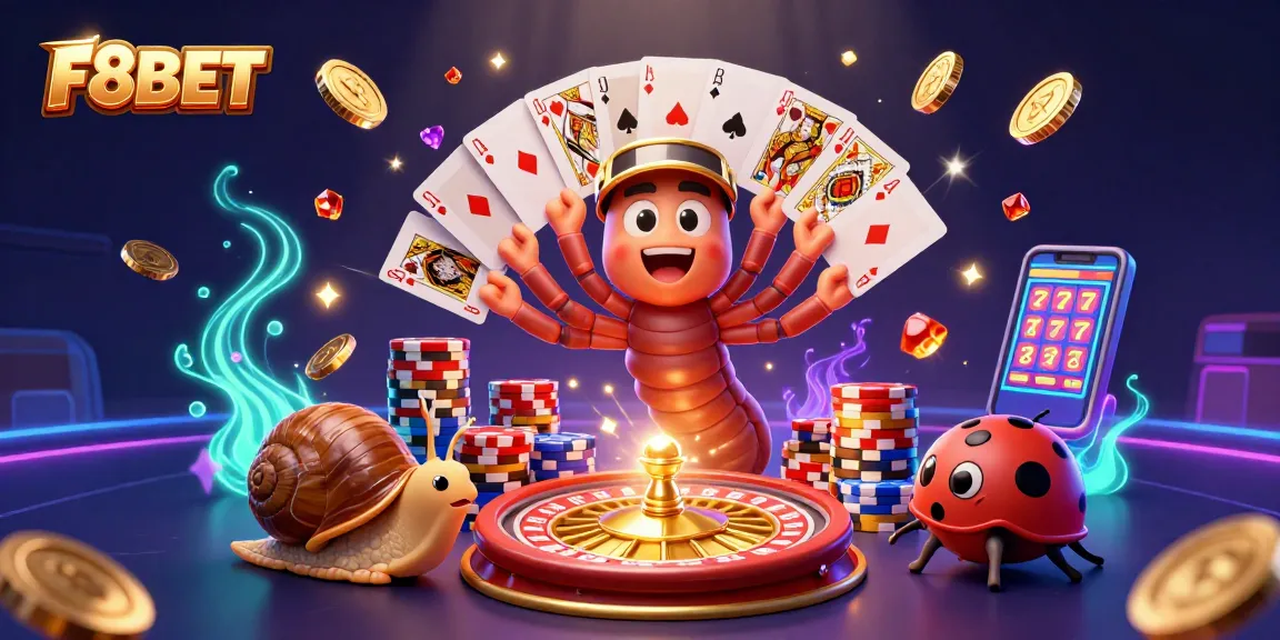 Engage in thrilling casino action with F8BET, featuring animated characters in a vibrant gambling scene.