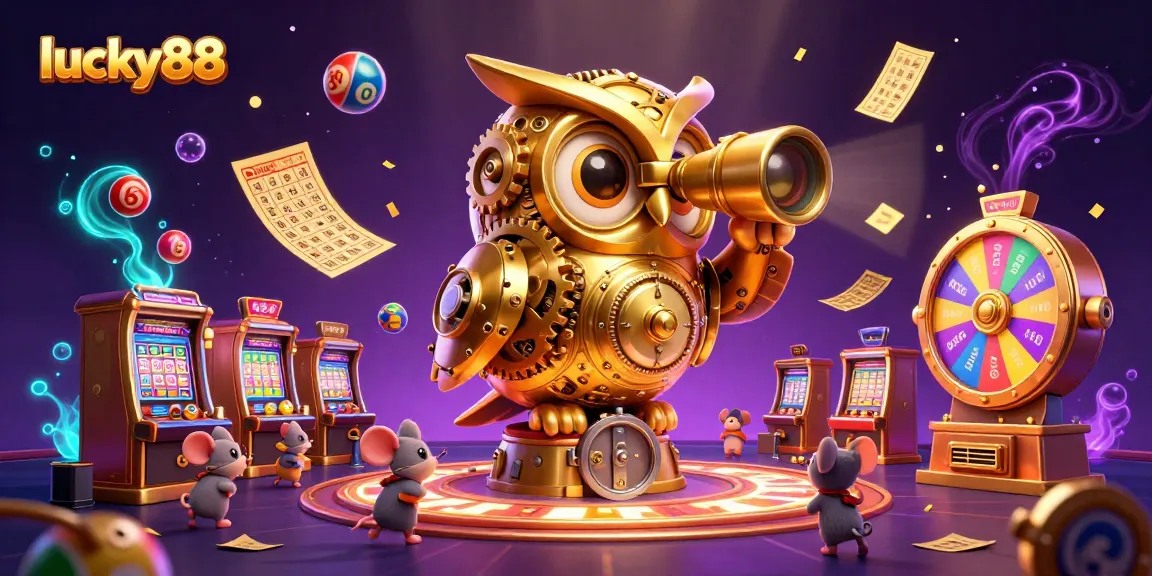 Experience luck with lucky88 as a golden owl observes animated casino action.
