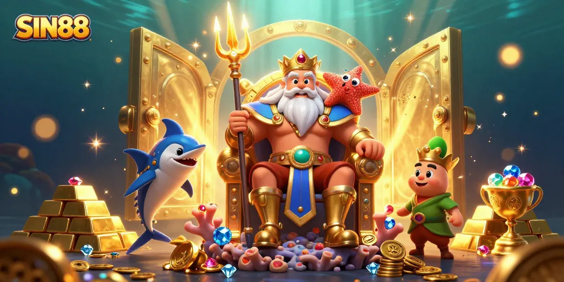 SIN88 showcases a lively underwater scene with Neptune, treasures, and dynamic gaming elements.