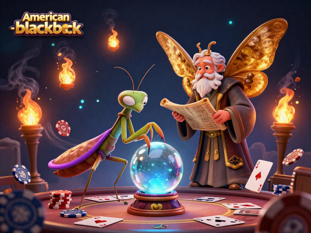 Experience expert strategies in american-blackjack with 3D fortune teller and librarian amidst dynamic gambling elements.