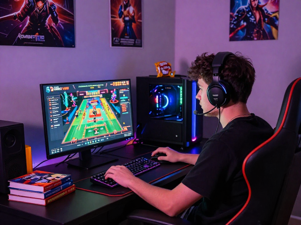 Player immersed in KOMBET168 online gaming experience with dynamic interface and gaming accessories in cozy setup.