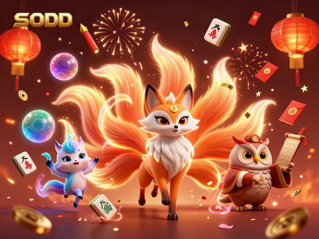 SODO casino-themed illustration featuring a vibrant fox spirit, wise owl, and dynamic game elements