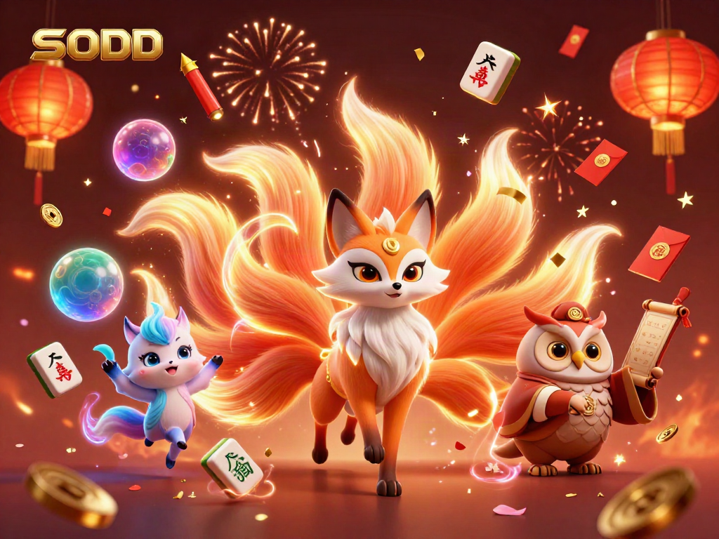 SODO casino-themed illustration featuring a vibrant fox spirit, wise owl, and dynamic game elements