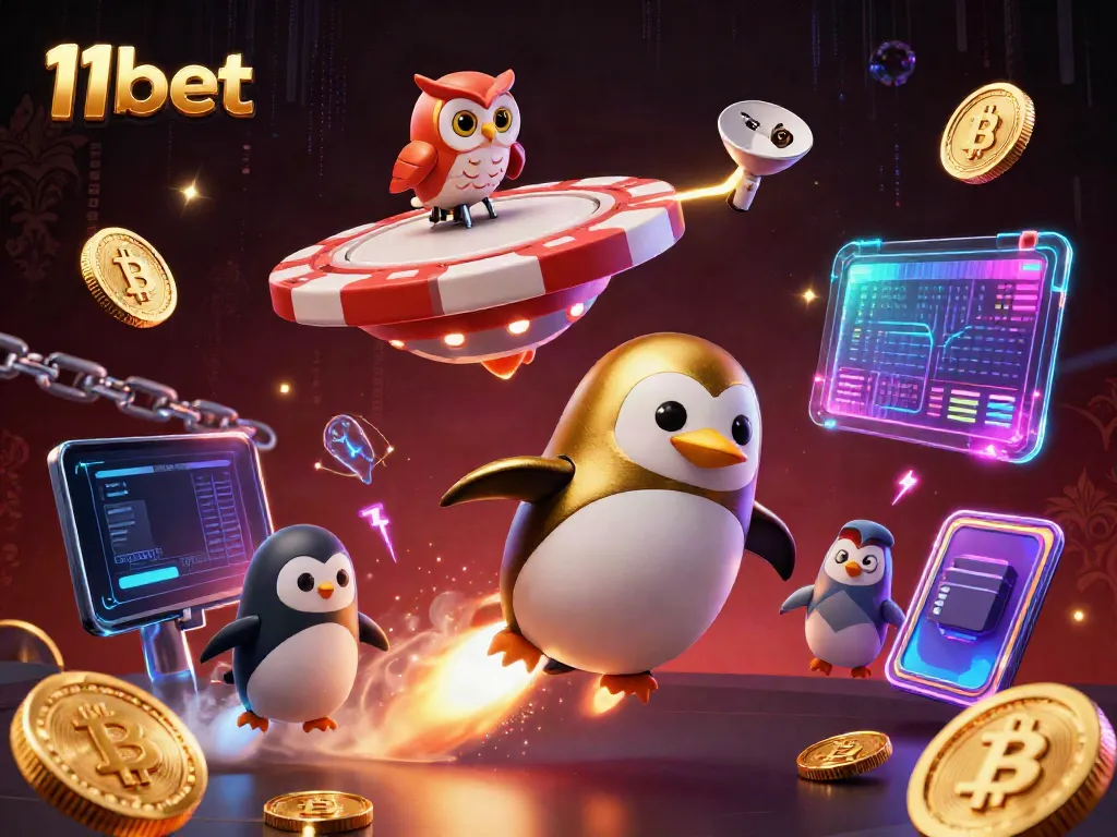 Experience the thrill of 11bet with a dazzling 3D illustration of a penguin and cryptocurrency in action.