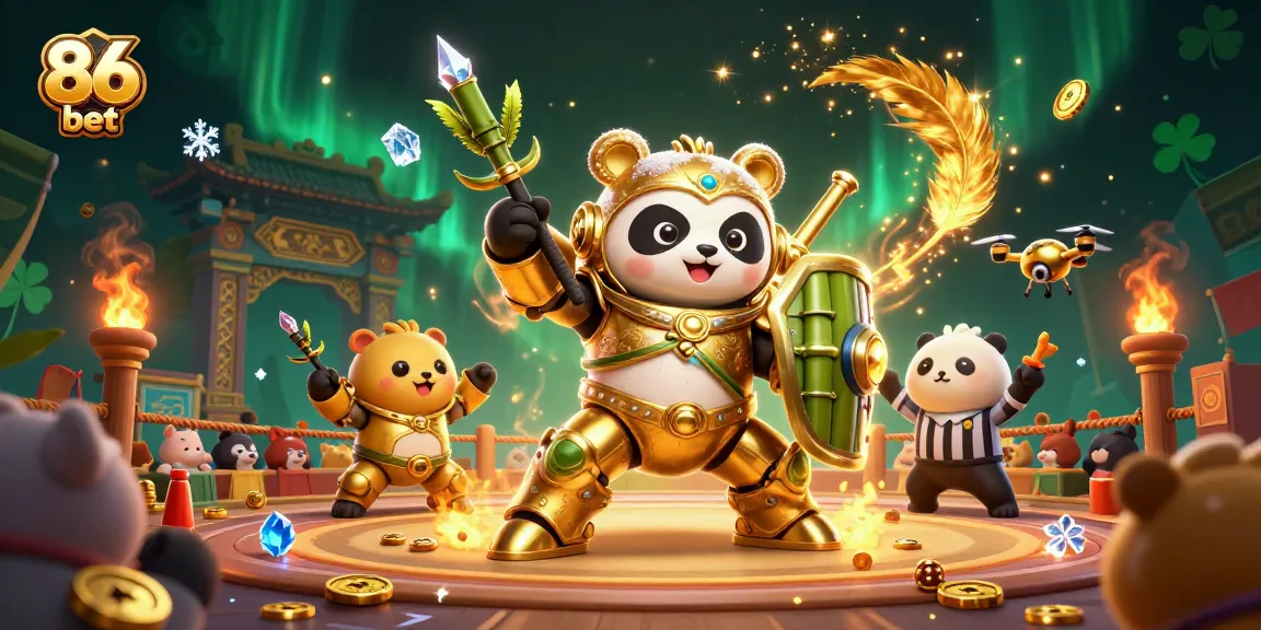 Engage with 86 bet through an exciting illustrated scene of a mech-suit panda in a vibrant casino ambiance.