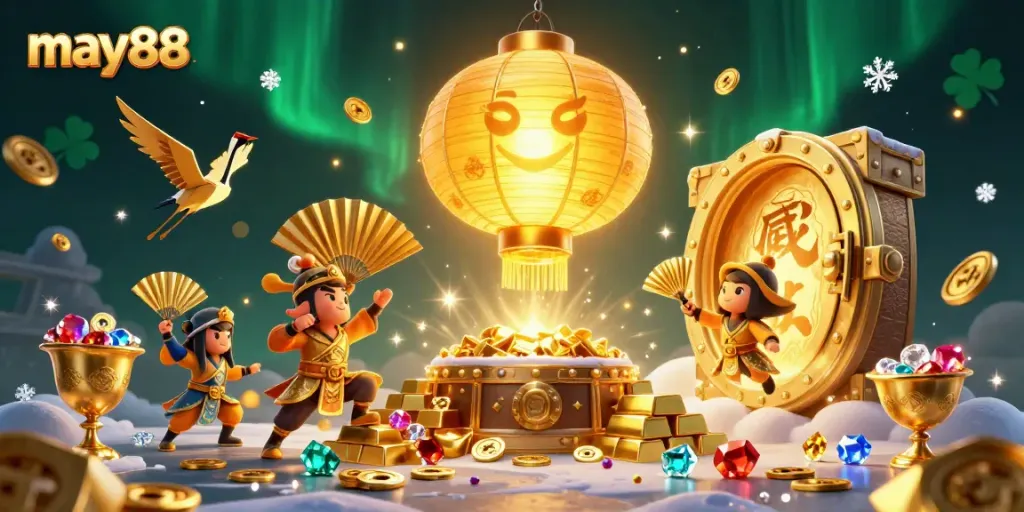 Experience may88's vibrant casino atmosphere with glowing symbols and treasures.
