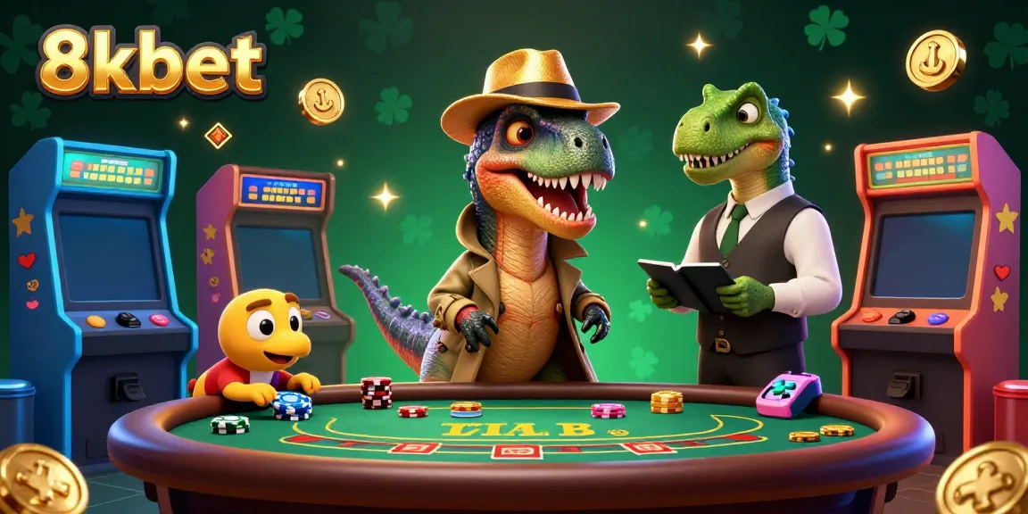Engaging 3D scene of 8xbet with a velociraptor card counter and stegosaurus pit boss at a dynamic blackjack table.