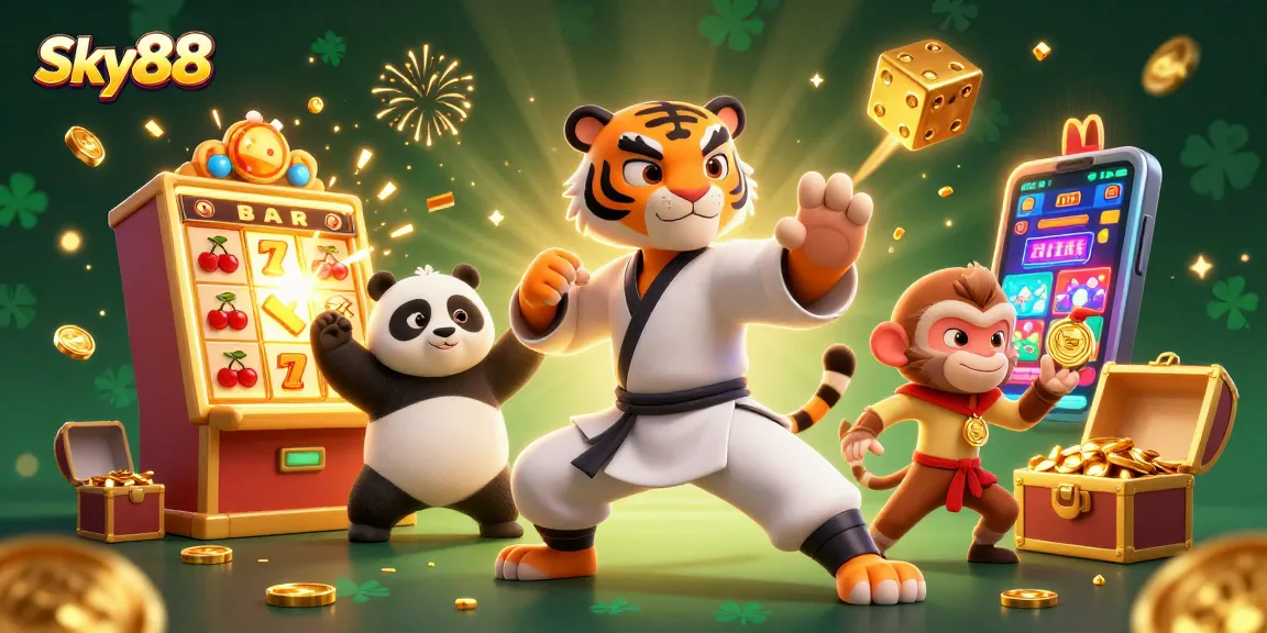 Sky88's bustling casino scene with animated characters counting coins and winning jackpots.