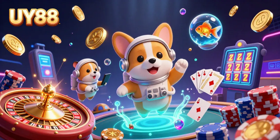 Experience UY88's thrilling casino scene with floating coins and dynamic gameplay elements.