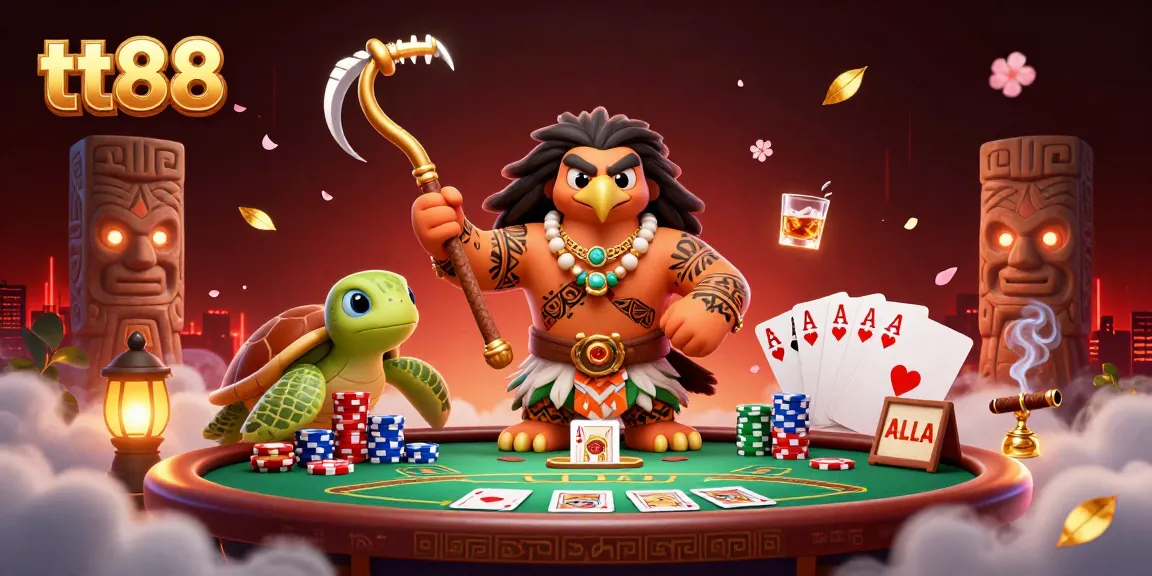 Join the thrilling adventure of tt88 with a demigod hawk, poker chips, and vibrant casino elements.
