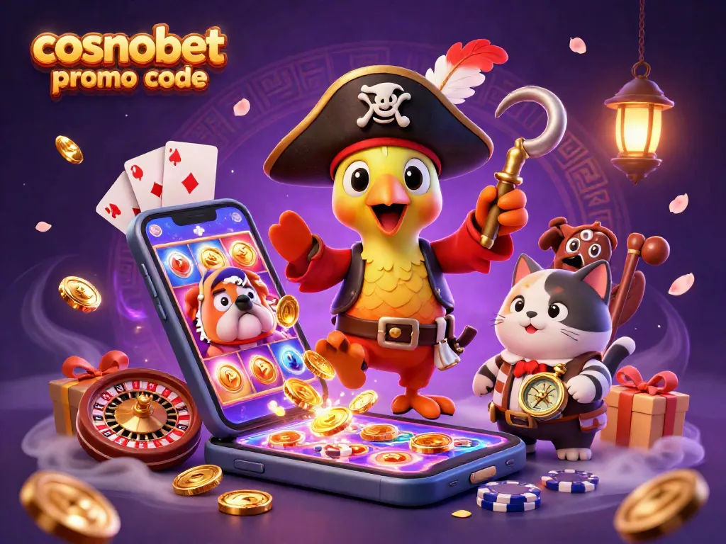 Spin and win with the latest cosmobet promo code featured in this vibrant casino scene filled with gaming elements.