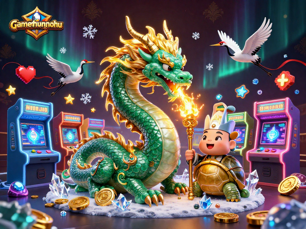 Experience the vibrant gambling world of gamethuongnohu with a jade dragon and 3D characters amidst gaming elements.