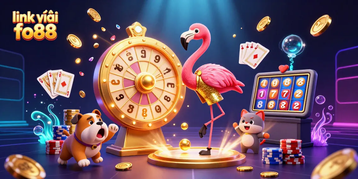 Engage with link vào fo88 in an exciting scene featuring a cartoon flamingo, bulldog, and scoreboard cat amidst vibrant casino elements.