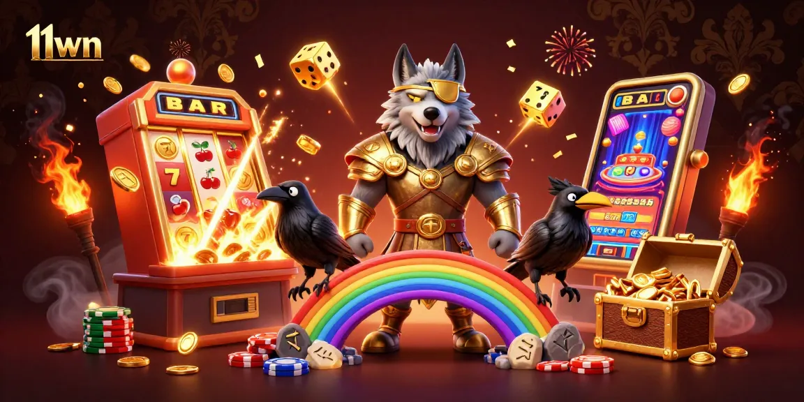 Engage with 11wn's cinematic jackpot experience featuring Odin's golden elements and vibrant casino vibes.