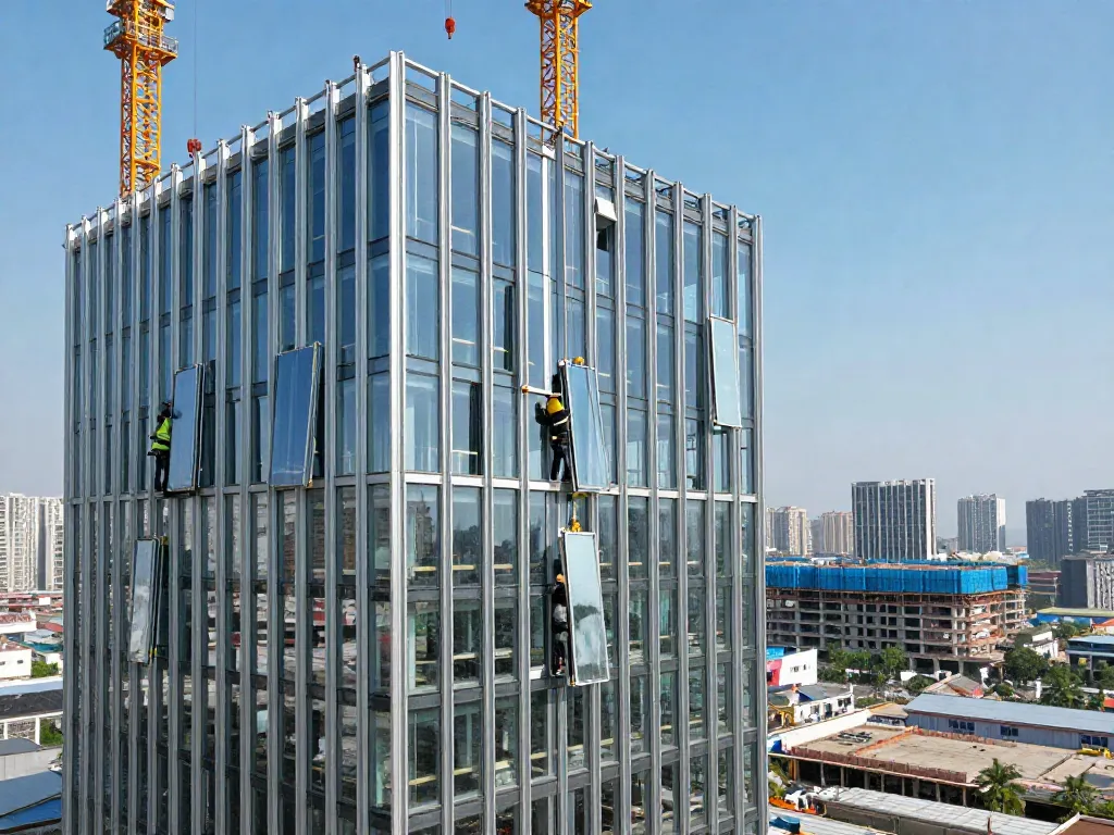 Curtain wall system installation featuring skilled workers efficiently assembling aluminum frames and glass panels in an urban setting.