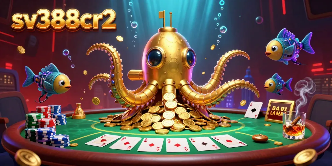 Experience thrilling action at sv388cr2 with a vibrant and dynamic 3D illustration featuring poker elements and a golden kraken submarine.