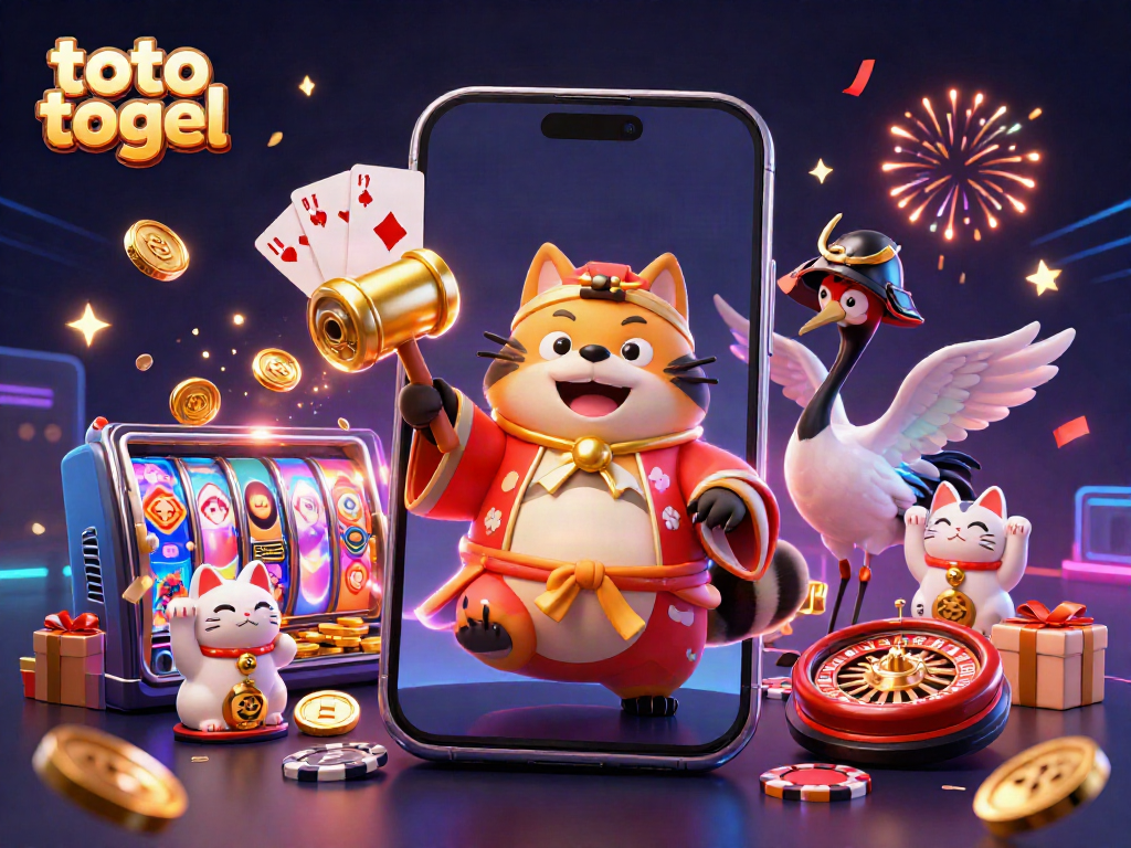 Engage with exciting toto togel gaming illustrated by cheerful characters and vibrant casino elements.
