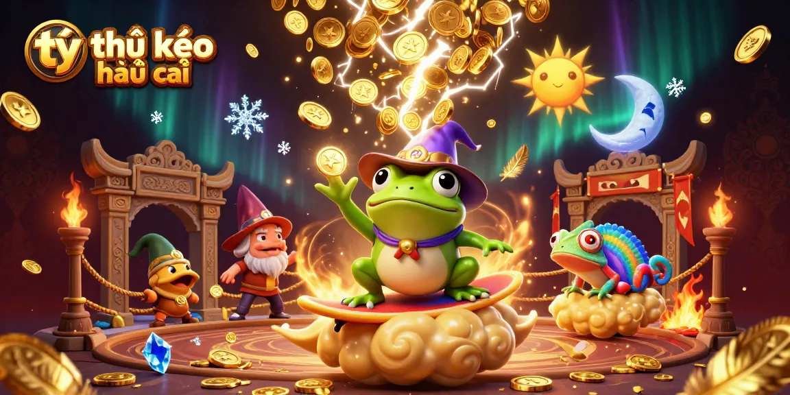 Engage with tỷ lệ kèo nhà cái while witnessing the weather wizard frog conjuring a storm of gold coins amidst a vibrant, dynamic casino scene.