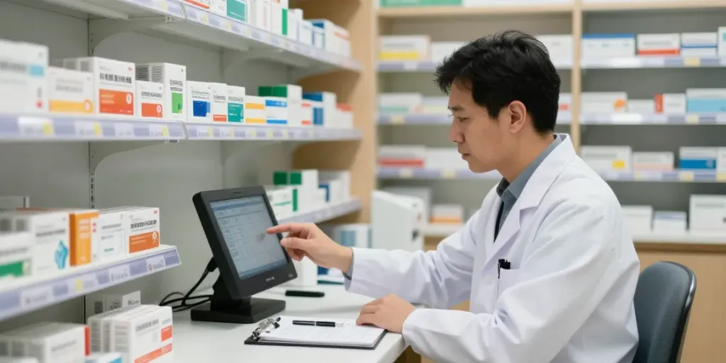 Pharmacist researching Tramadol and codiene in uae on digital device in a professional setting.