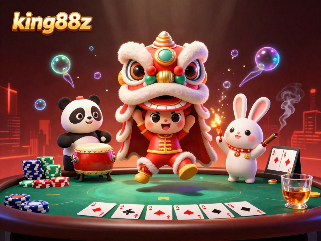 A high-energy scene featuring the king88z lion dance with poker elements, celebrating casino vibes.