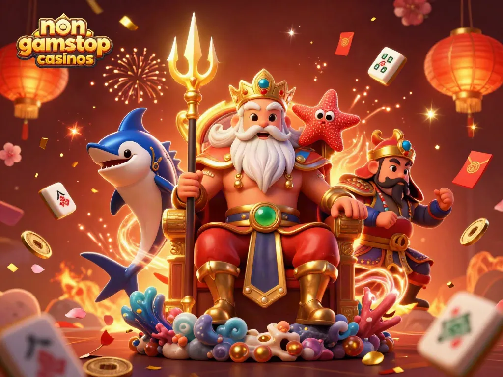 Experience the thrill at non gamstop casinos with a vibrant 3D celebration illustration featuring Neptune.