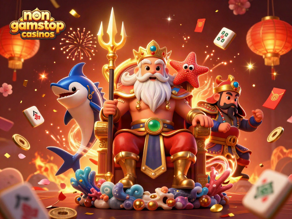Experience the thrill at non gamstop casinos with a vibrant 3D celebration illustration featuring Neptune.