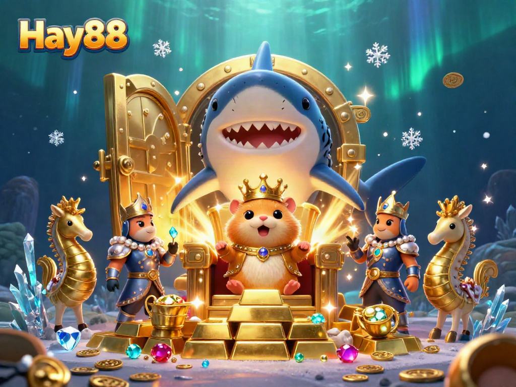 Experience the thrill of winning with Hay88 in this dynamic casino-themed 3D illustration featuring a hamster king and treasures.