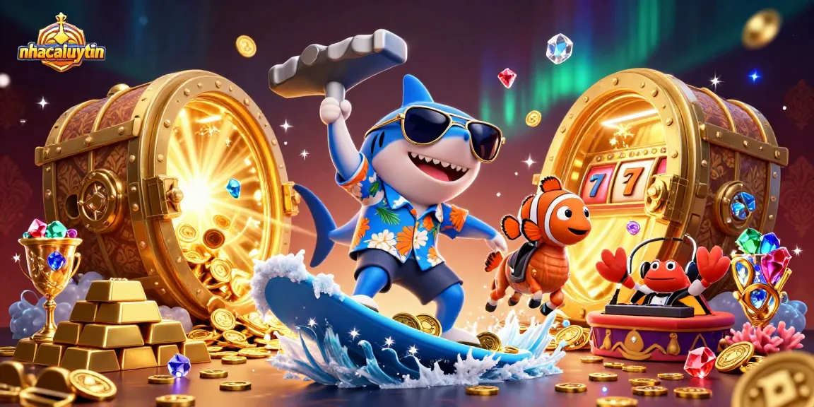 Experience the exciting world of nhacaiuytin with vibrant illustration of a shark surfing in gold coins, capturing the essence of online gambling.