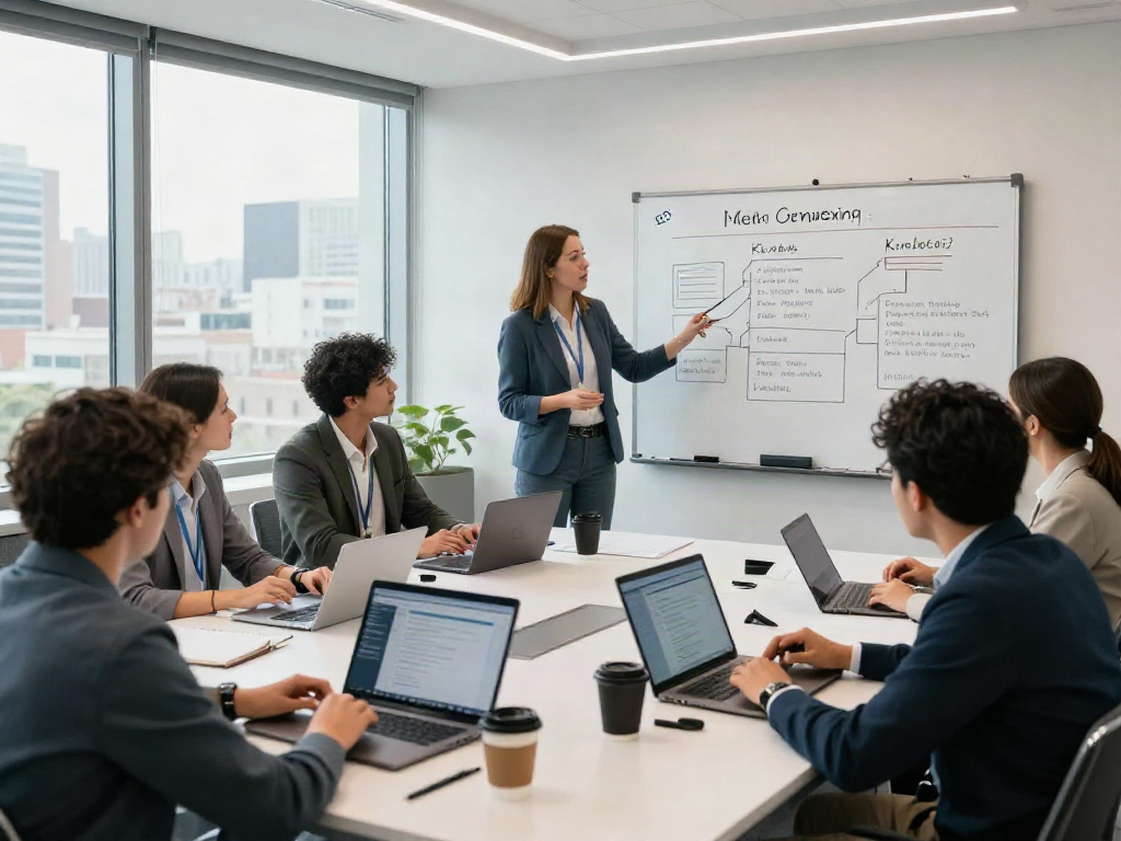SEO professionals collaborating on instant indexing strategies in a bright conference room.