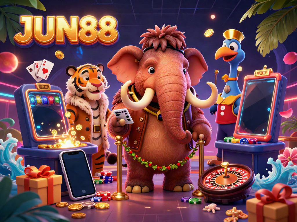 Experience thrilling gameplay at JUN88 with a lively 3D casino illustration featuring unique animal characters.
