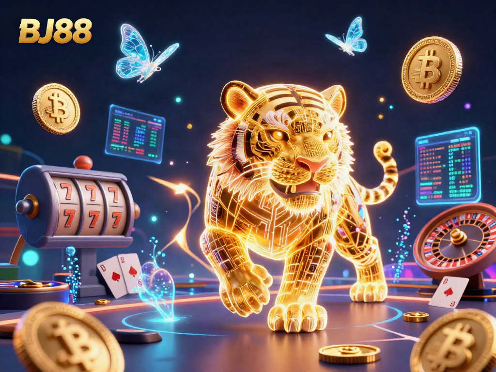 Experience thrilling gaming with BJ88's vibrant 3D visual of a golden tiger and casino elements.