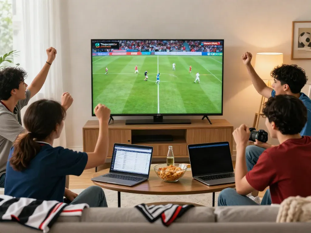 Friends enjoying a live football match on Thapcamtv with snacks in a lively living room.