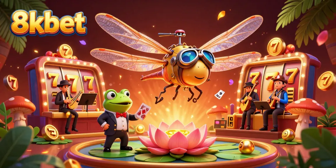 Experience thrilling gameplay at 8xbet with a vibrant dragonfly pilot and frog croupier in a lively casino scene.