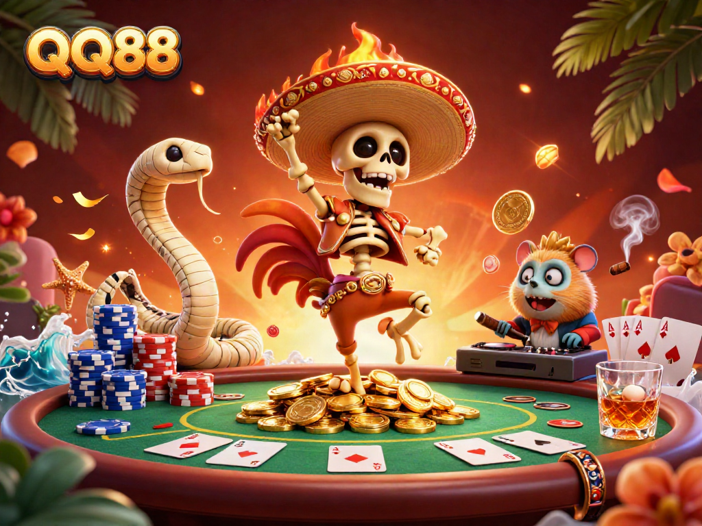 Experience thrilling poker action with QQ88 in a vibrant 3D scene of a lively casino.