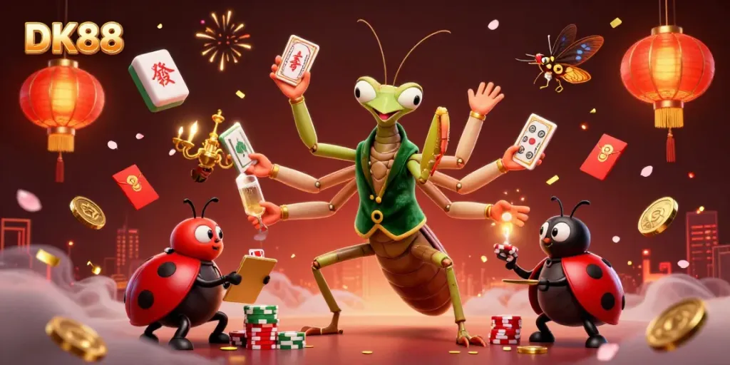 DK88 vibrant casino illustration with a giant card sharp and ladybug pit boss in a dynamic gaming scene.