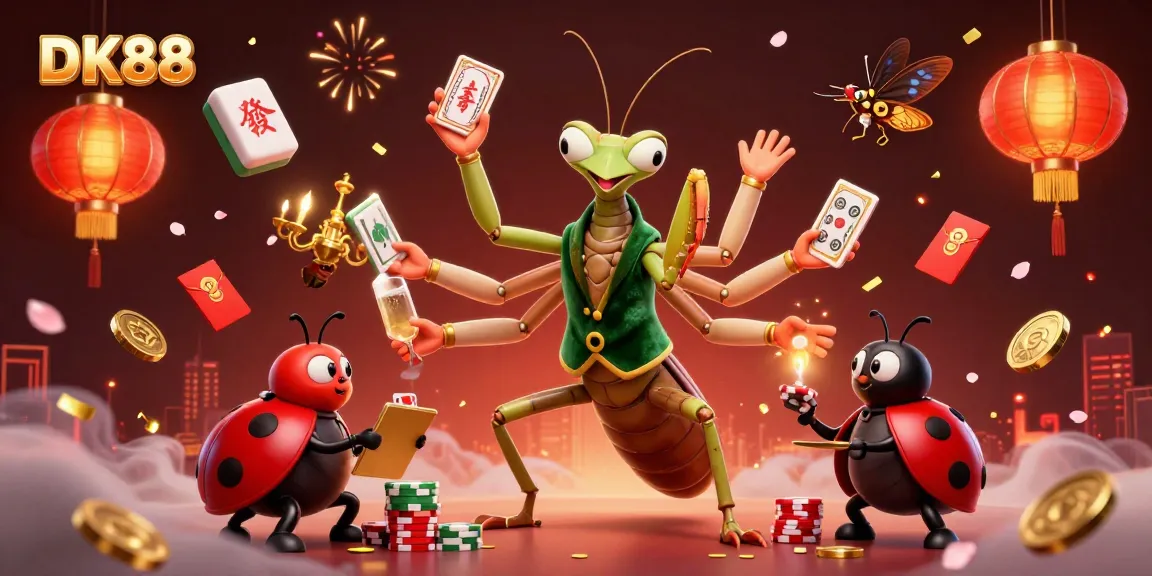 DK88 vibrant casino illustration with a giant card sharp and ladybug pit boss in a dynamic gaming scene.