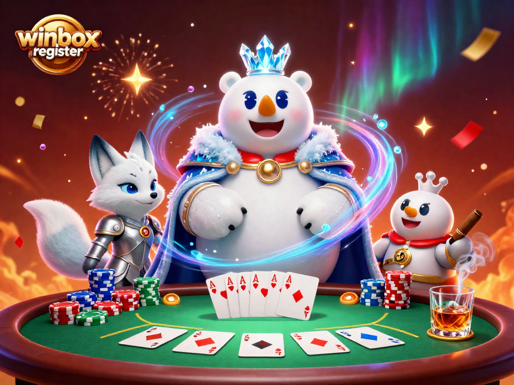 Register quickly with winbox register featuring a playful ice king and fox in a vibrant casino scene.